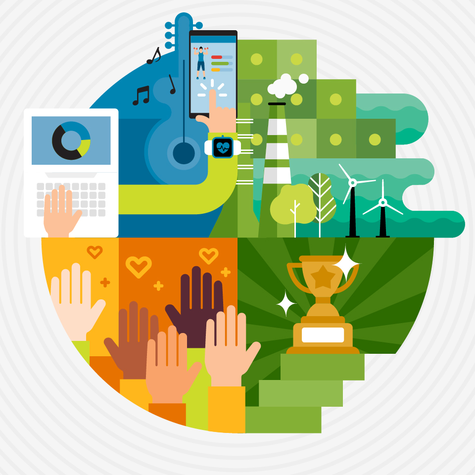 Gráfico descrevendo os benefícios, prêmios e reconhecimento, filantropia e compromisso ambiental na Juniper Networks Gráfico descrevendo os benefícios, prêmios e reconhecimento, filantropia e compromisso ambiental na Juniper Networks